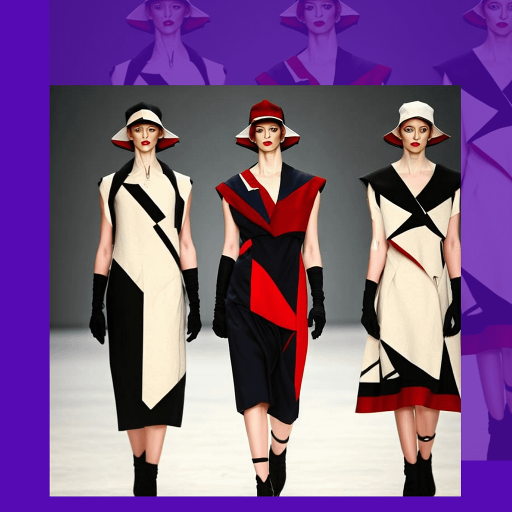 Three women in extravagant costumes on the catwalk