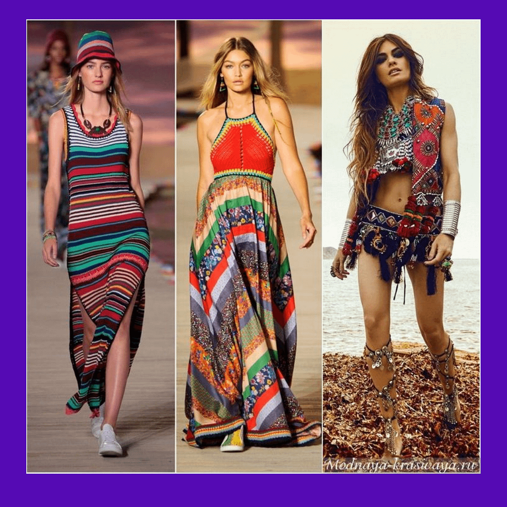 Boho style. Women wearing loose dresses and boho accessories