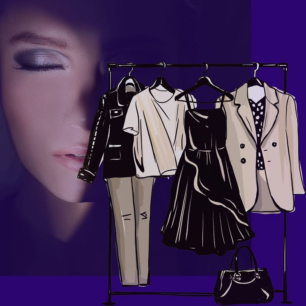 Woman standing in front of an open closet full of neutral-toned clothing, looking uncertain — visual metaphor for wardrobe anxiety and style conformity